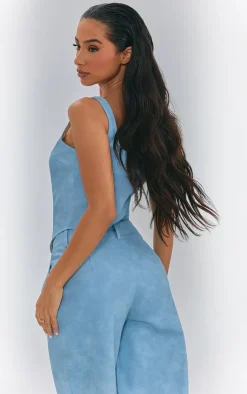 New PrettyLittleThing Petite Faux Leather Zip Up Corset Top Washed Blue
