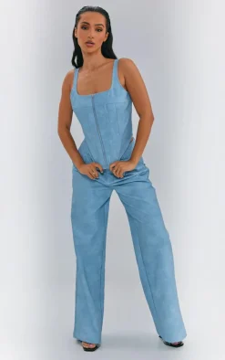 New PrettyLittleThing Petite Faux Leather Zip Up Corset Top Washed Blue