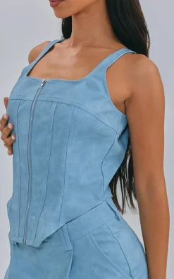 New PrettyLittleThing Petite Faux Leather Zip Up Corset Top Washed Blue