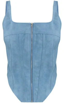 New PrettyLittleThing Petite Faux Leather Zip Up Corset Top Washed Blue