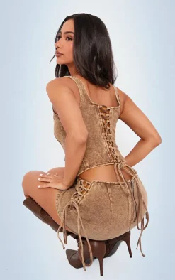 Online PrettyLittleThing Petite Denim Lace Up Corset Top Washed Brown
