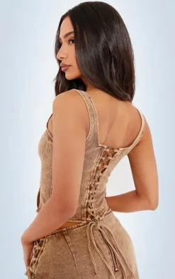 Online PrettyLittleThing Petite Denim Lace Up Corset Top Washed Brown