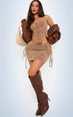 Best PrettyLittleThing Petite Denim Lace Up Mini Skirt Washed Brown