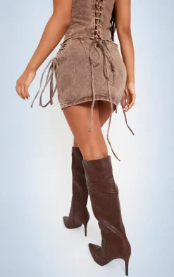 Best PrettyLittleThing Petite Denim Lace Up Mini Skirt Washed Brown