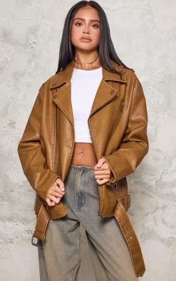 PrettyLittleThing Faux Leather Jackets*Petite Distressed Look Faux Leather Longline Biker Jacket