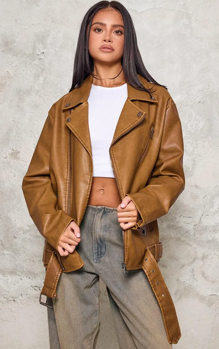 PrettyLittleThing Faux Leather Jackets*Petite Distressed Look Faux Leather Longline Biker Jacket