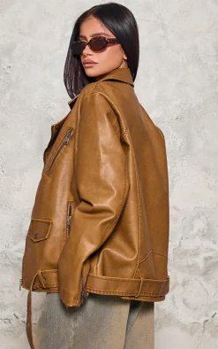 PrettyLittleThing Faux Leather Jackets*Petite Distressed Look Faux Leather Longline Biker Jacket