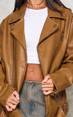 PrettyLittleThing Faux Leather Jackets*Petite Distressed Look Faux Leather Longline Biker Jacket