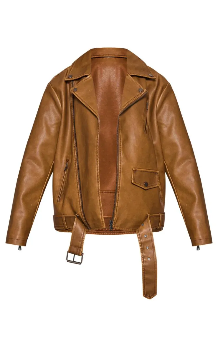 PrettyLittleThing Faux Leather Jackets*Petite Distressed Look Faux Leather Longline Biker Jacket