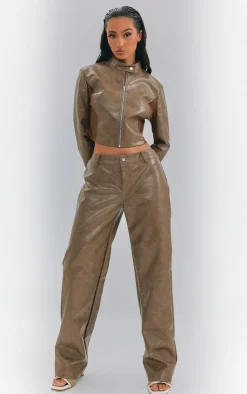 New PrettyLittleThing Petite Faux Leather Straight Leg Pants Washed Brown