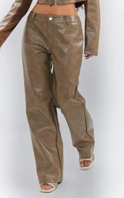 New PrettyLittleThing Petite Faux Leather Straight Leg Pants Washed Brown