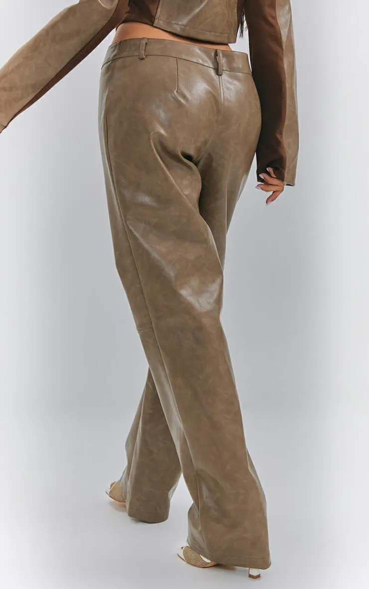 New PrettyLittleThing Petite Faux Leather Straight Leg Pants Washed Brown