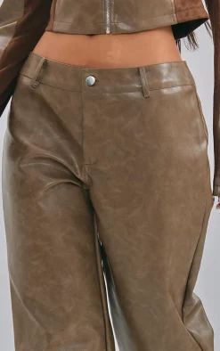 New PrettyLittleThing Petite Faux Leather Straight Leg Pants Washed Brown