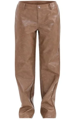 New PrettyLittleThing Petite Faux Leather Straight Leg Pants Washed Brown
