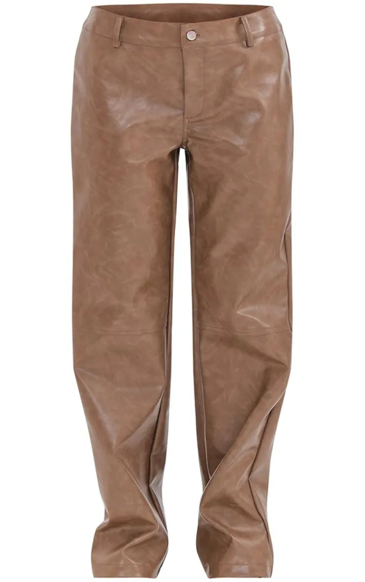 New PrettyLittleThing Petite Faux Leather Straight Leg Pants Washed Brown