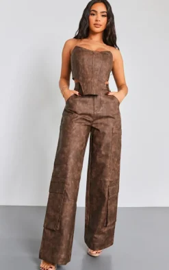 Hot PrettyLittleThing Petite Faux Leather Pocket Detail Pants Washed Brown