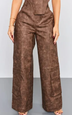 Hot PrettyLittleThing Petite Faux Leather Pocket Detail Pants Washed Brown