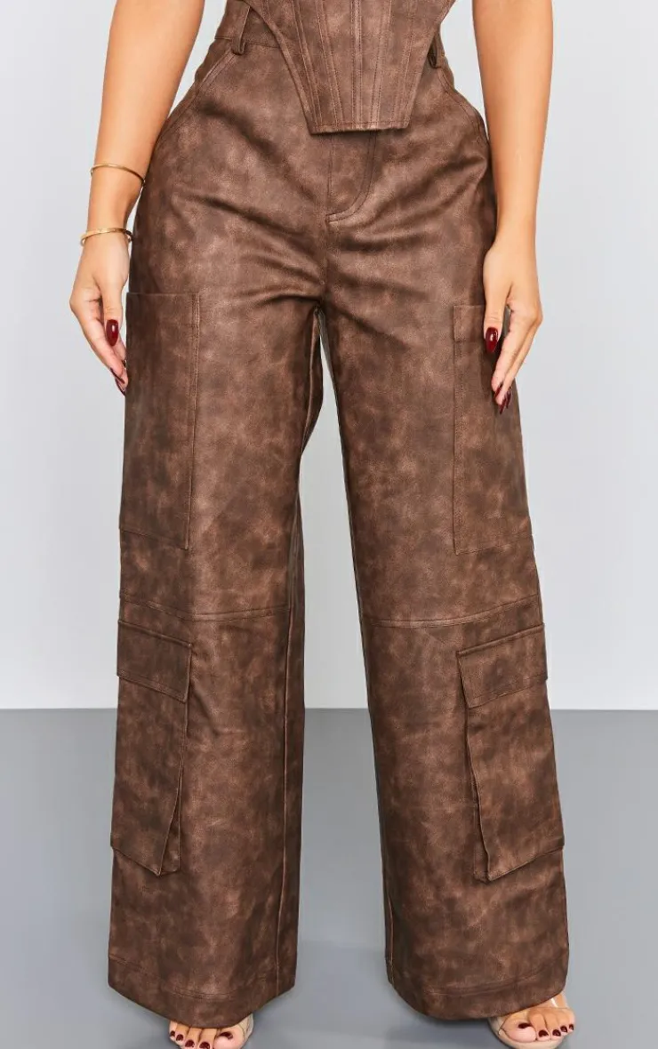 Hot PrettyLittleThing Petite Faux Leather Pocket Detail Pants Washed Brown