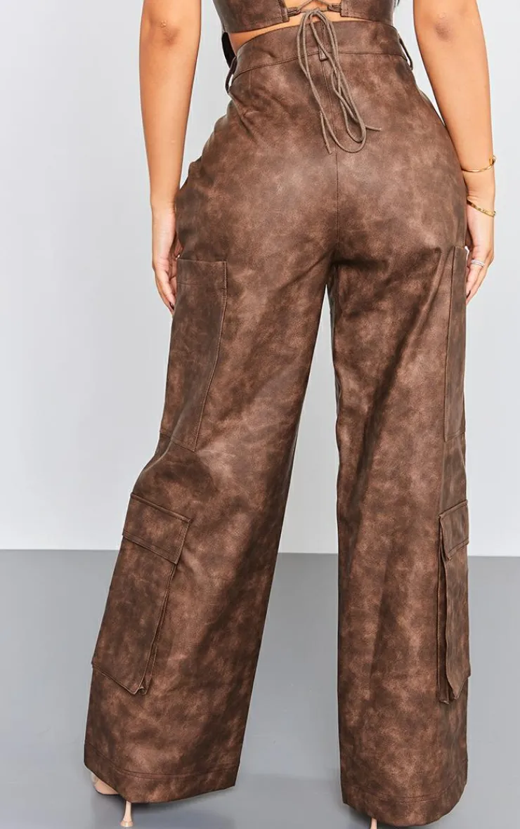 Hot PrettyLittleThing Petite Faux Leather Pocket Detail Pants Washed Brown