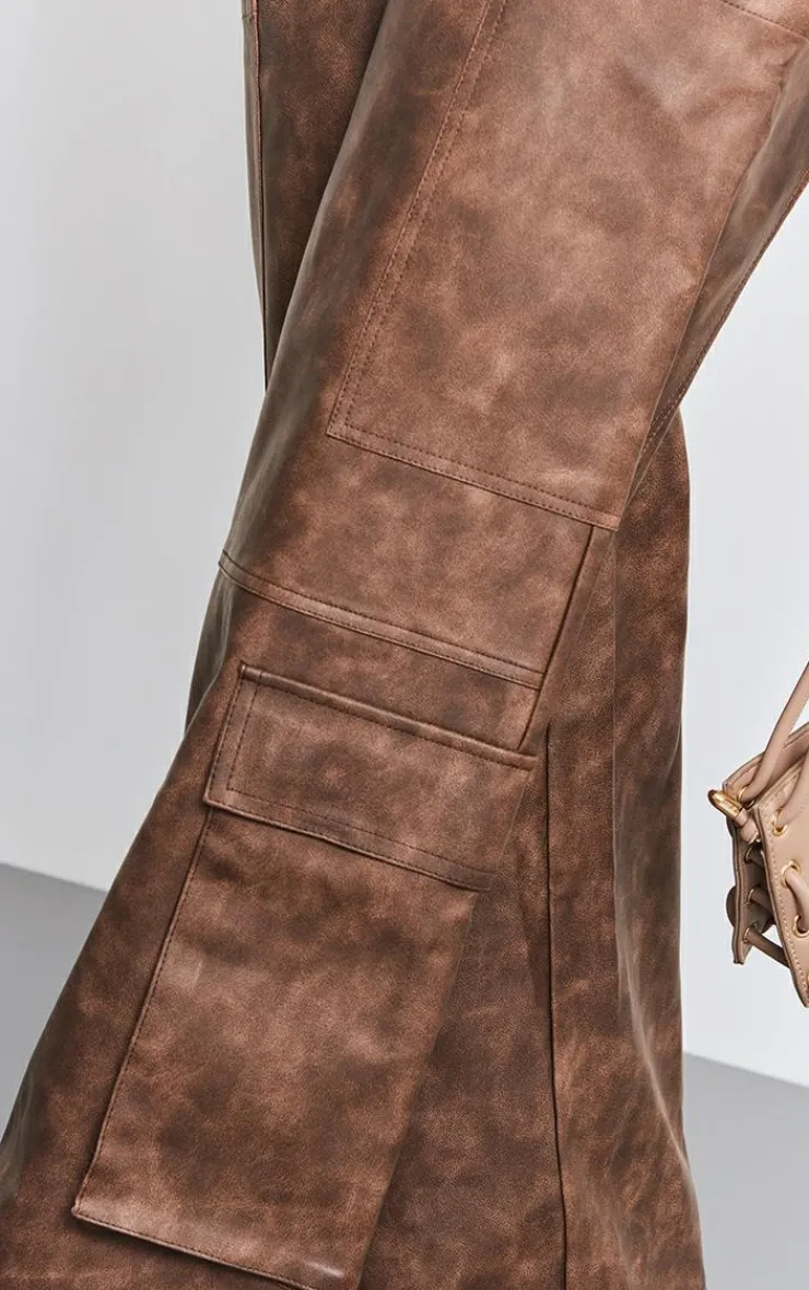 Hot PrettyLittleThing Petite Faux Leather Pocket Detail Pants Washed Brown