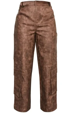 Hot PrettyLittleThing Petite Faux Leather Pocket Detail Pants Washed Brown