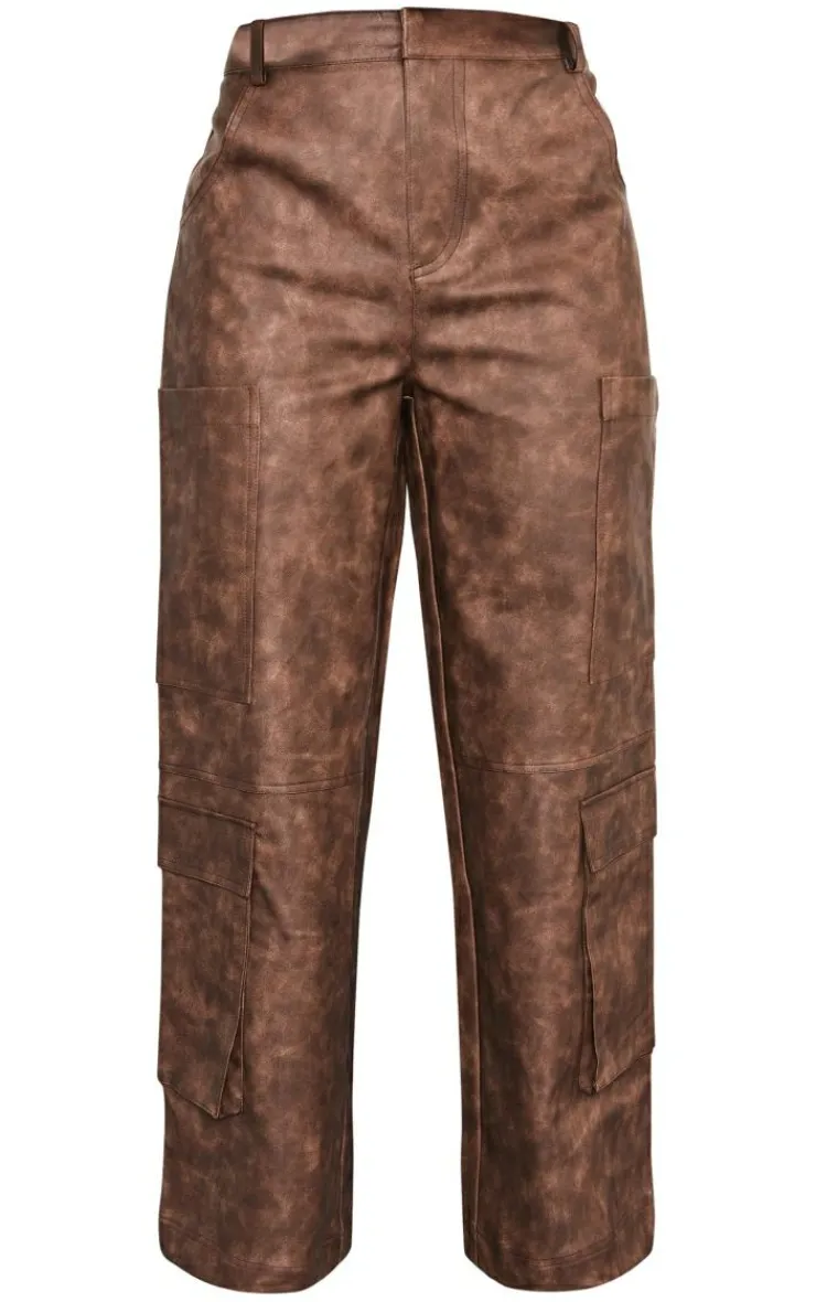 Hot PrettyLittleThing Petite Faux Leather Pocket Detail Pants Washed Brown