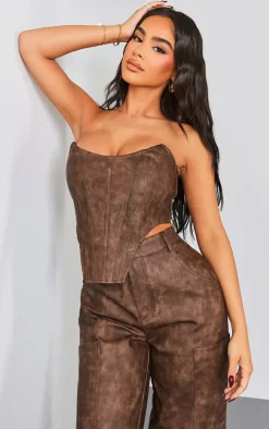 Sale PrettyLittleThing Petite Faux Leather Corset Top Washed Brown