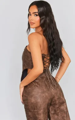 Sale PrettyLittleThing Petite Faux Leather Corset Top Washed Brown