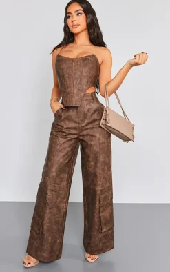 Sale PrettyLittleThing Petite Faux Leather Corset Top Washed Brown