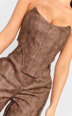 Sale PrettyLittleThing Petite Faux Leather Corset Top Washed Brown