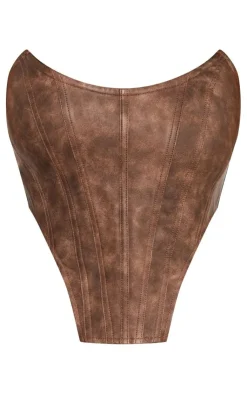 Sale PrettyLittleThing Petite Faux Leather Corset Top Washed Brown