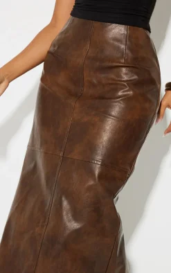 Petite Washed Brown Faux Leather Seam Detail Maxi Skirt