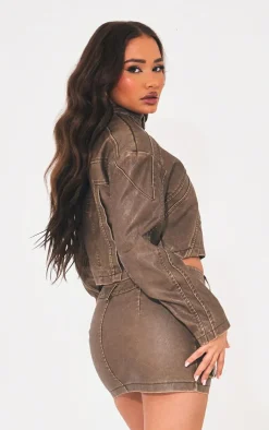 Sale PrettyLittleThing Petite Seam Detail Faux Leather Jacket Washed Brown