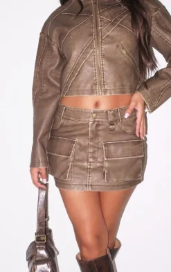Sale PrettyLittleThing Petite Seam Detail Faux Leather Jacket Washed Brown