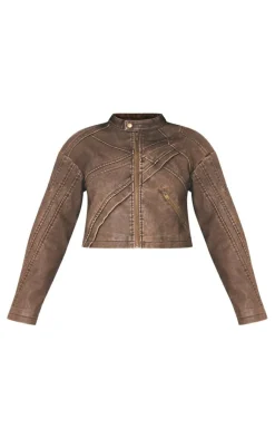 Sale PrettyLittleThing Petite Seam Detail Faux Leather Jacket Washed Brown