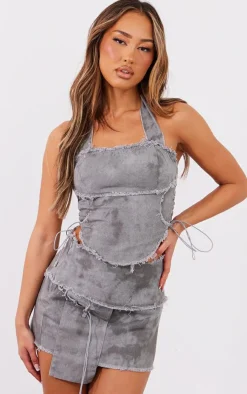 New PrettyLittleThing Petite Twill Frayed Mini Skirt Washed Charcoal