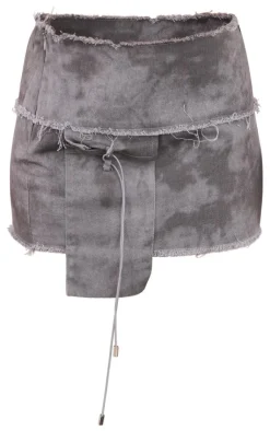 New PrettyLittleThing Petite Twill Frayed Mini Skirt Washed Charcoal