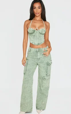 Best PrettyLittleThing Petite Denim Cargo Jeans Washed Green