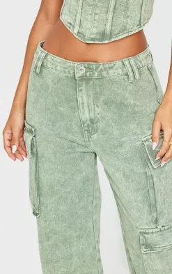 Best PrettyLittleThing Petite Denim Cargo Jeans Washed Green