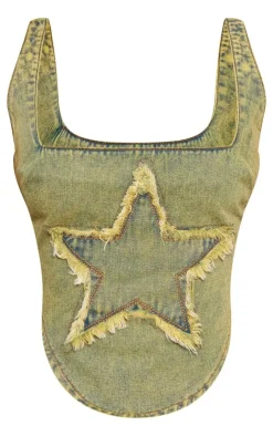 Outlet PrettyLittleThing Petite Denim Star Embroidered Square Neck Corset Top Washed Green