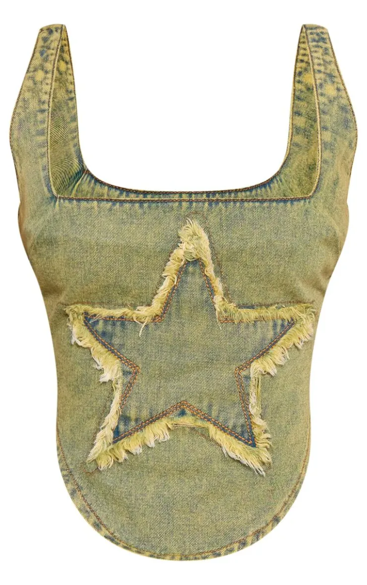 Outlet PrettyLittleThing Petite Denim Star Embroidered Square Neck Corset Top Washed Green