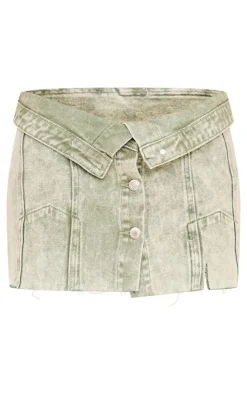 Discount PrettyLittleThing Petite Distressed Button Front Denim Mico Mini Skirt Washed Green