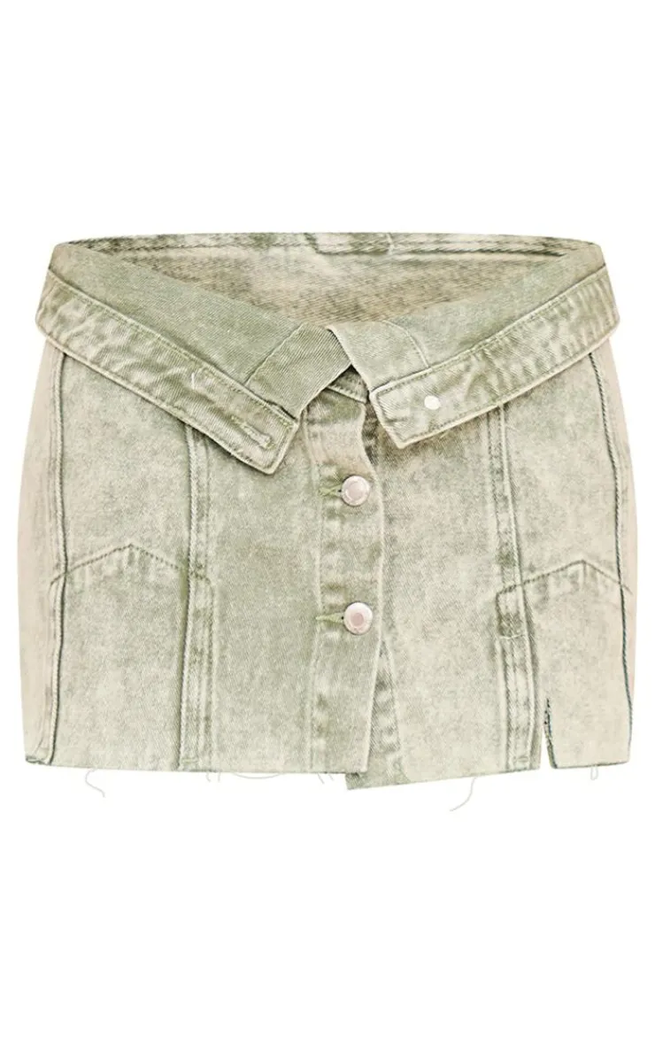 Discount PrettyLittleThing Petite Distressed Button Front Denim Mico Mini Skirt Washed Green