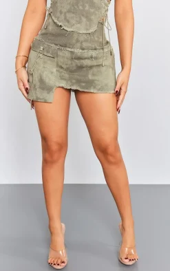 Outlet PrettyLittleThing Petite Twill Frayed Mini Skirt Washed Green