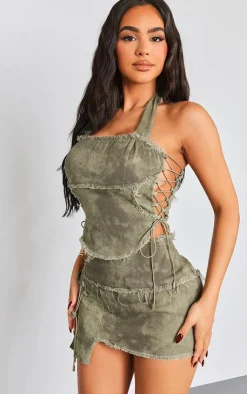 Outlet PrettyLittleThing Petite Twill Frayed Mini Skirt Washed Green