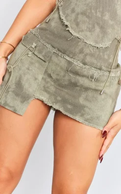 Outlet PrettyLittleThing Petite Twill Frayed Mini Skirt Washed Green