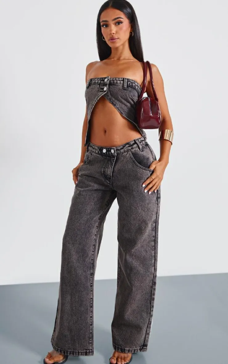 Clearance PrettyLittleThing Petite Asymmetric Waist Wide Leg Jeans Washed Grey