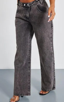 Clearance PrettyLittleThing Petite Asymmetric Waist Wide Leg Jeans Washed Grey