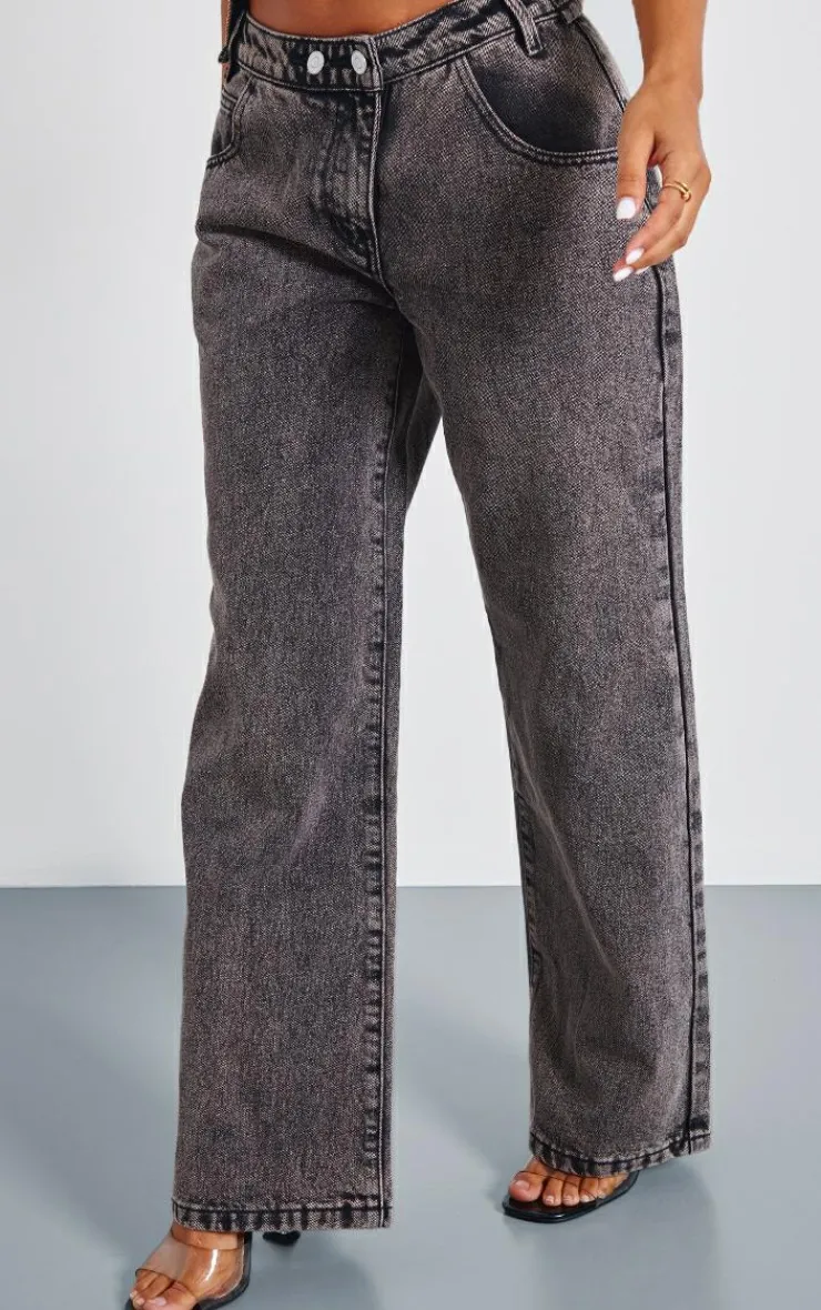 Clearance PrettyLittleThing Petite Asymmetric Waist Wide Leg Jeans Washed Grey