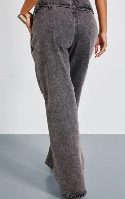 Clearance PrettyLittleThing Petite Asymmetric Waist Wide Leg Jeans Washed Grey